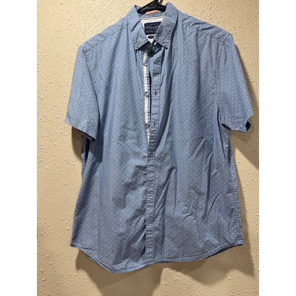 Denim & Flower Ricky Singh Mens Large Slim Fit Short Sleeve Polka Dot Shirt Blue